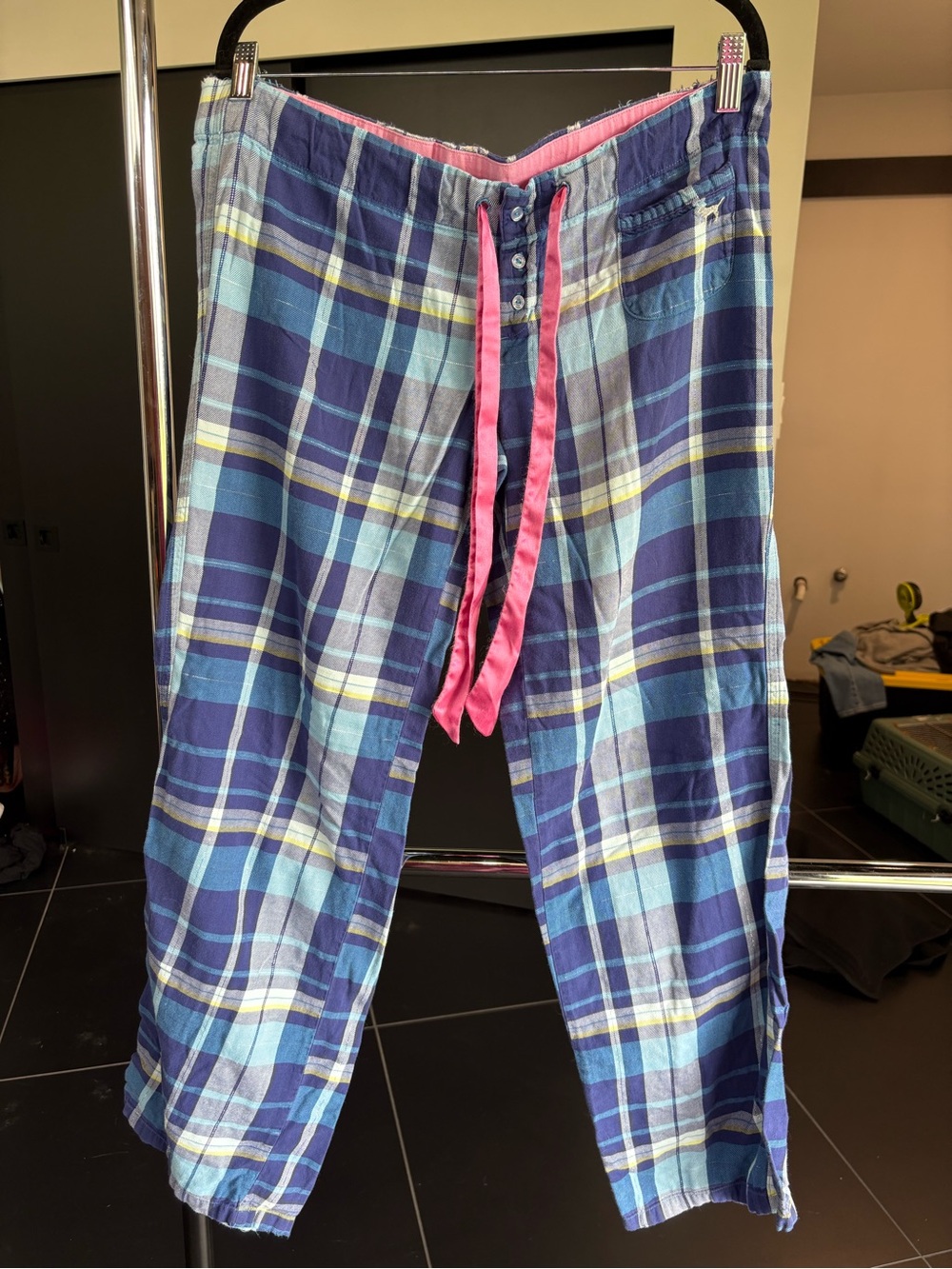 PINK Victoria's Secret Blue Plaid Pajama Bottoms with Pink Drawstring